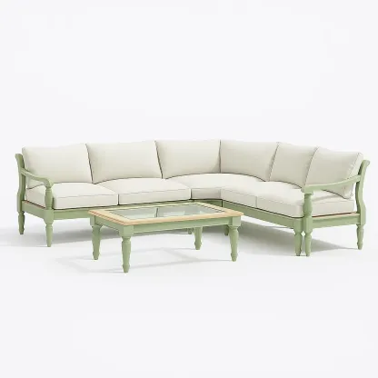 Ensemble de canapé d’angle en bois avec tissu beige et table basse en verre