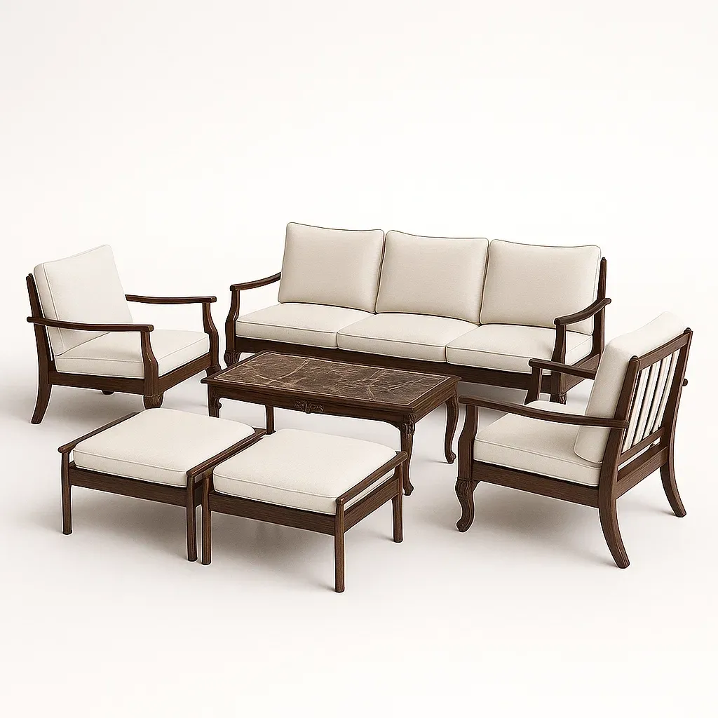 Ensemble de canapé en bois avec coussins en tissu polyester beige