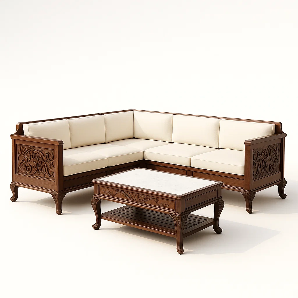 Ensemble de canapé d’angle en bois avec coussins en polyester beige et table basse