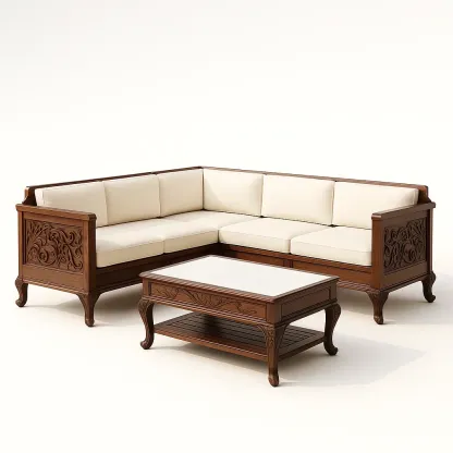 Ensemble de canapé d’angle en bois avec coussins en polyester beige et table basse