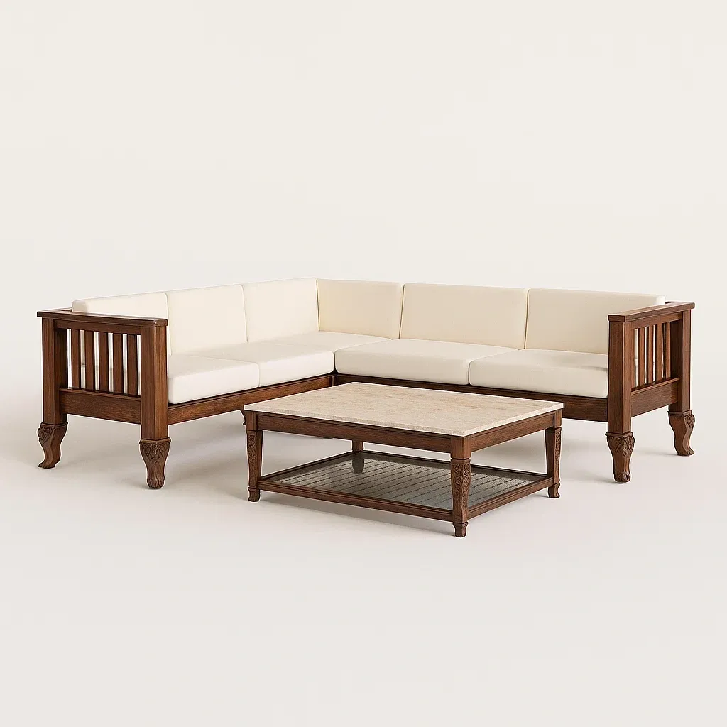 Ensemble de canapé d’angle en bois massif avec coussins crème et table basse en bois