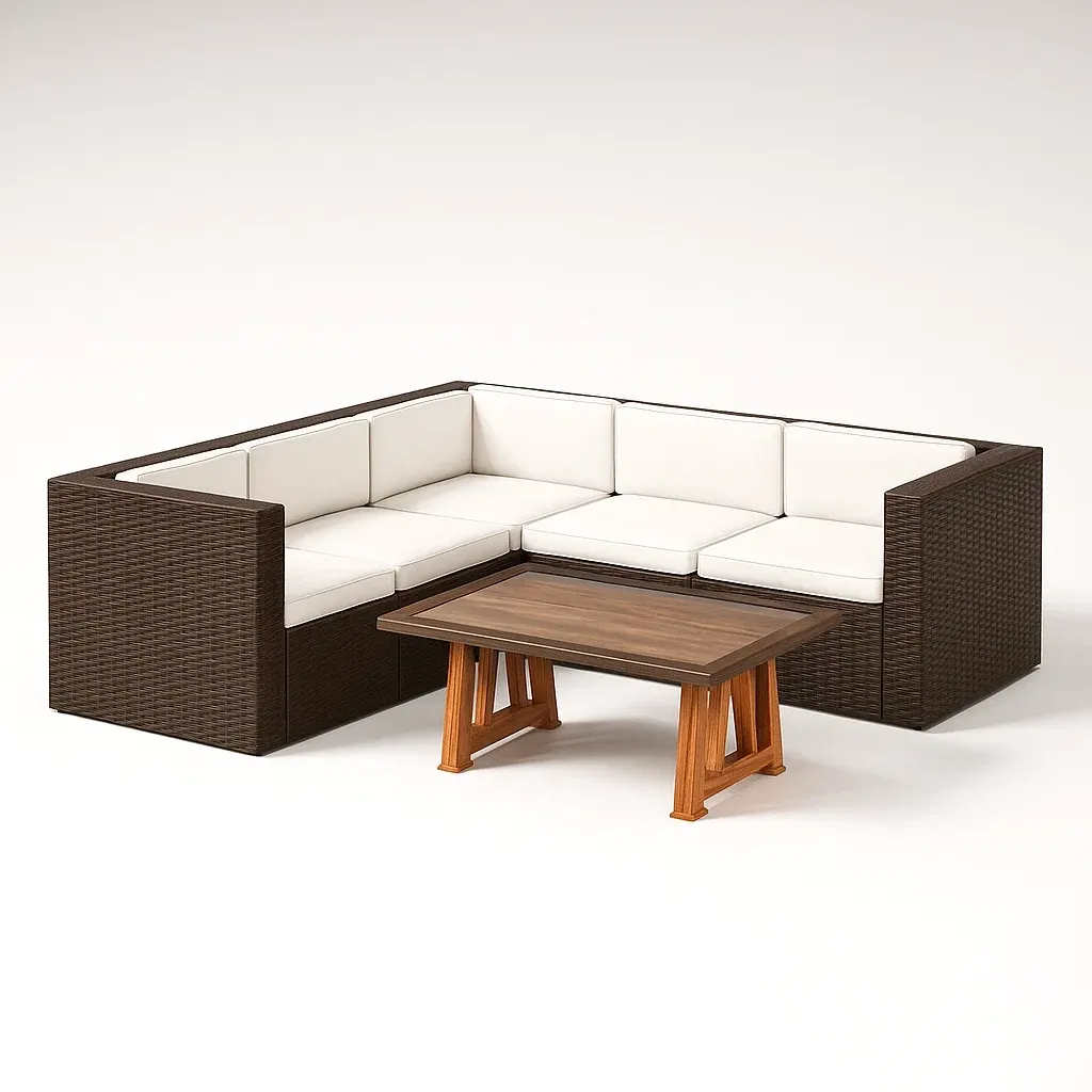 Ensemble de canapé en rotin synthétique brun avec coussins en polyester blanc et table basse en bois