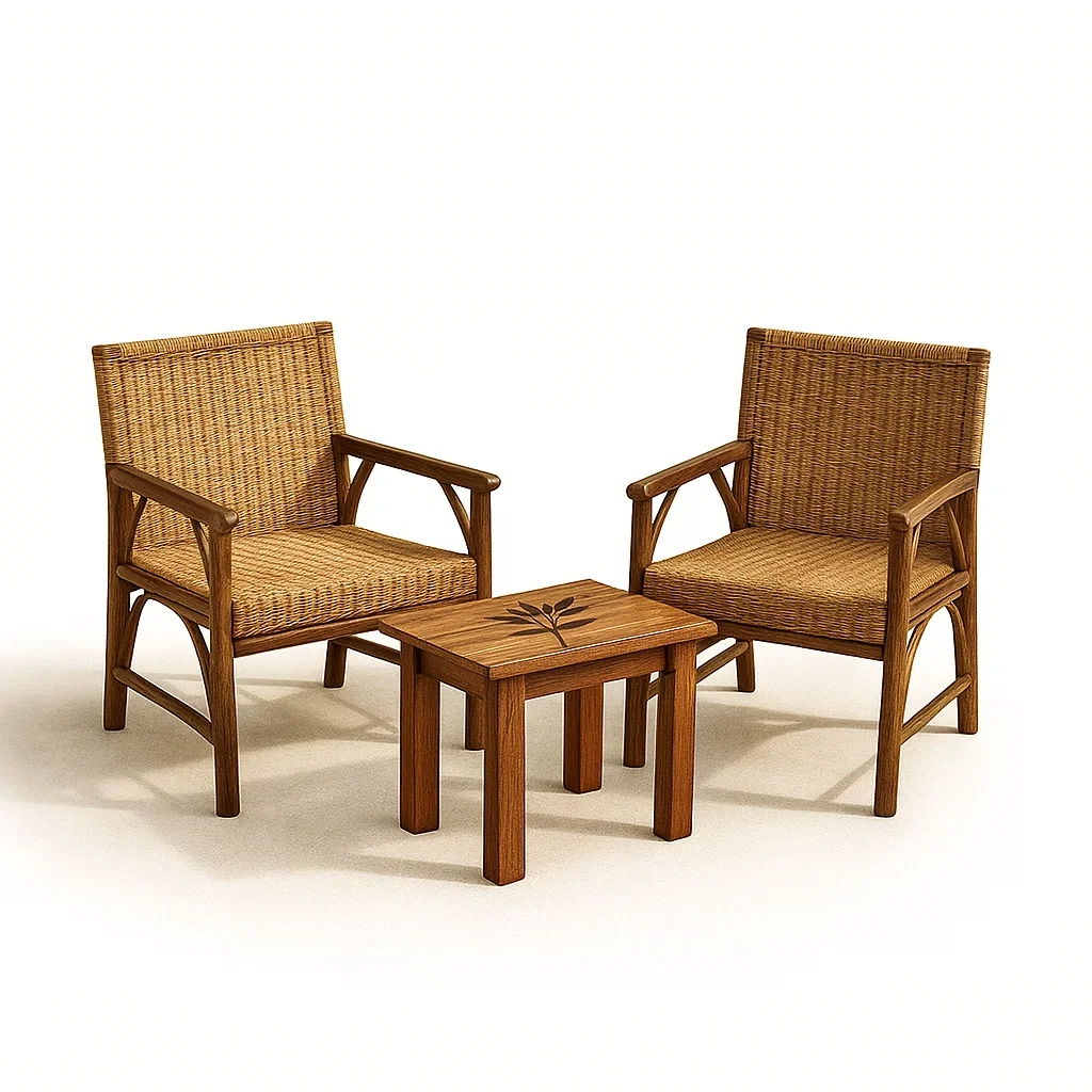 Ensemble bistrot en bois et rotin avec 2 chaises et table