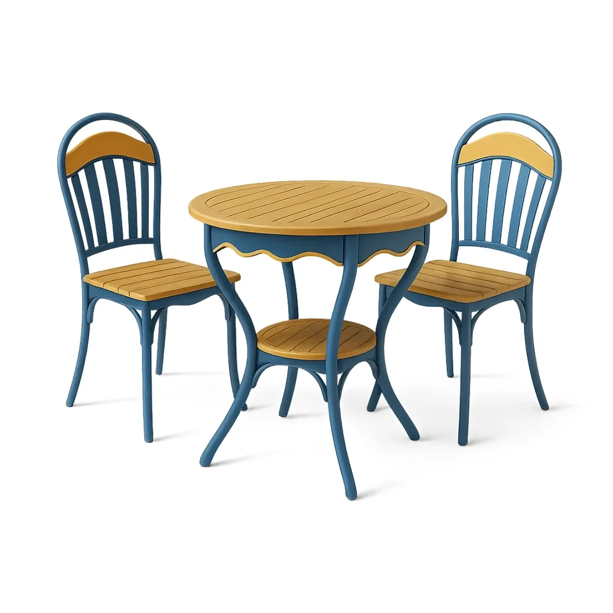 Ensemble bistrot avec table ronde en métal et bois synthétique jaune bleu