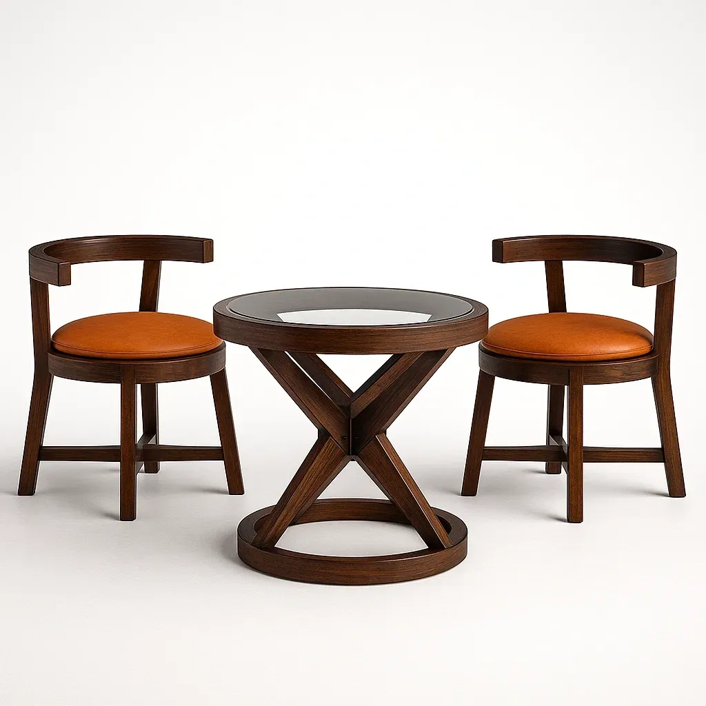 Ensemble bistrot en bois avec assise en cuir synthétique et plateau en verre trempé