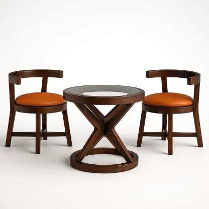 Ensemble bistrot en bois avec assise en cuir synthétique et plateau en verre trempé