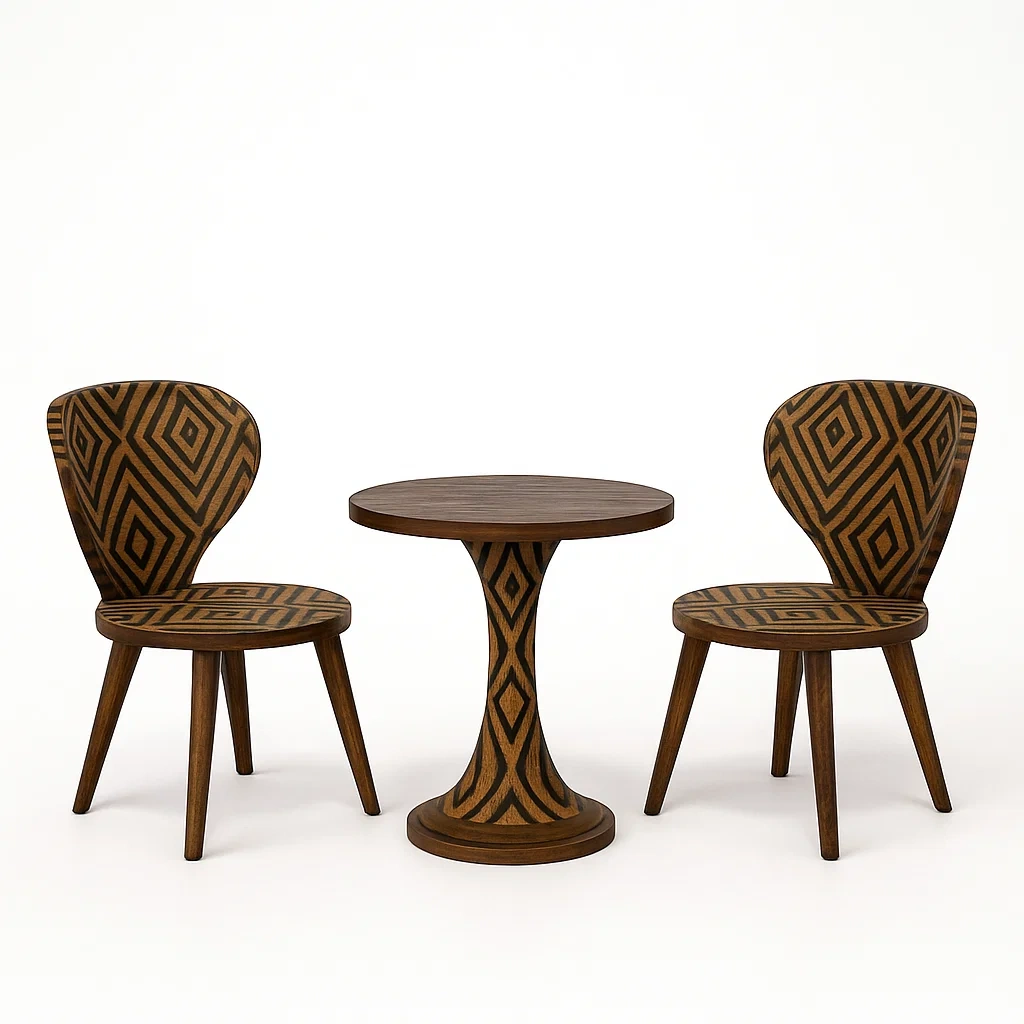 Ensemble bistrot avec table ronde en bois et 2 chaises à motifs géométriques