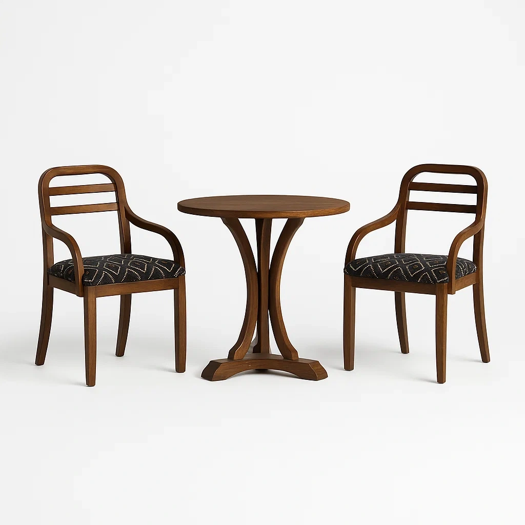 Ensemble bistrot en bois avec deux chaises en tissu géométrique