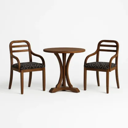 Ensemble bistrot en bois avec deux chaises en tissu géométrique