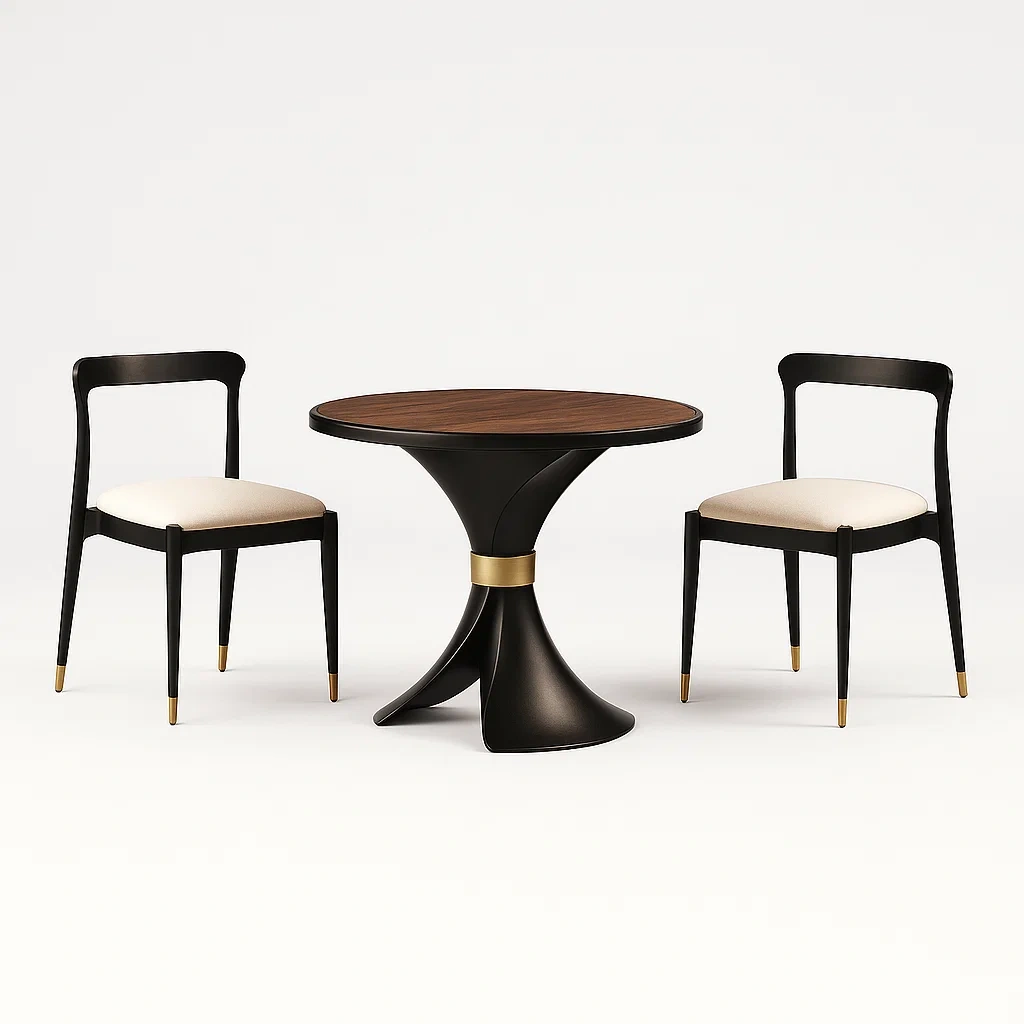 Ensemble bistrot avec table ronde en bois et 2 chaises en métal et tissu noir or