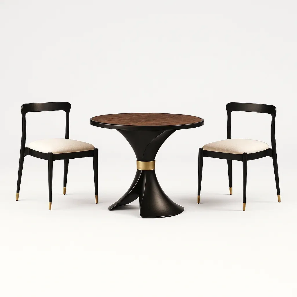 Ensemble bistrot avec table ronde en bois et 2 chaises en métal et tissu noir or
