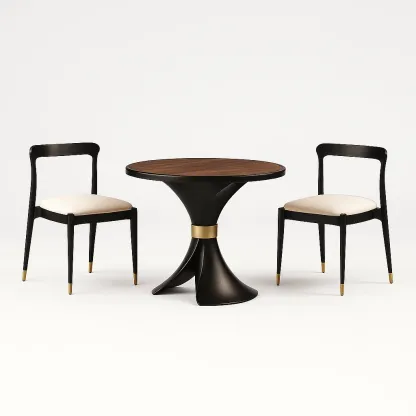 Ensemble bistrot avec table ronde en bois et 2 chaises en métal et tissu noir or
