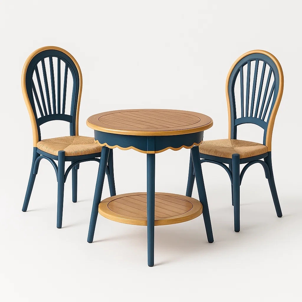 Ensemble bistrot avec table ronde en bois bleu et naturel et deux chaises