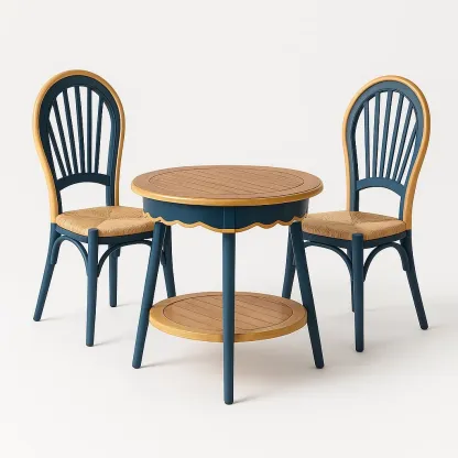 Ensemble bistrot avec table ronde en bois bleu et naturel et deux chaises