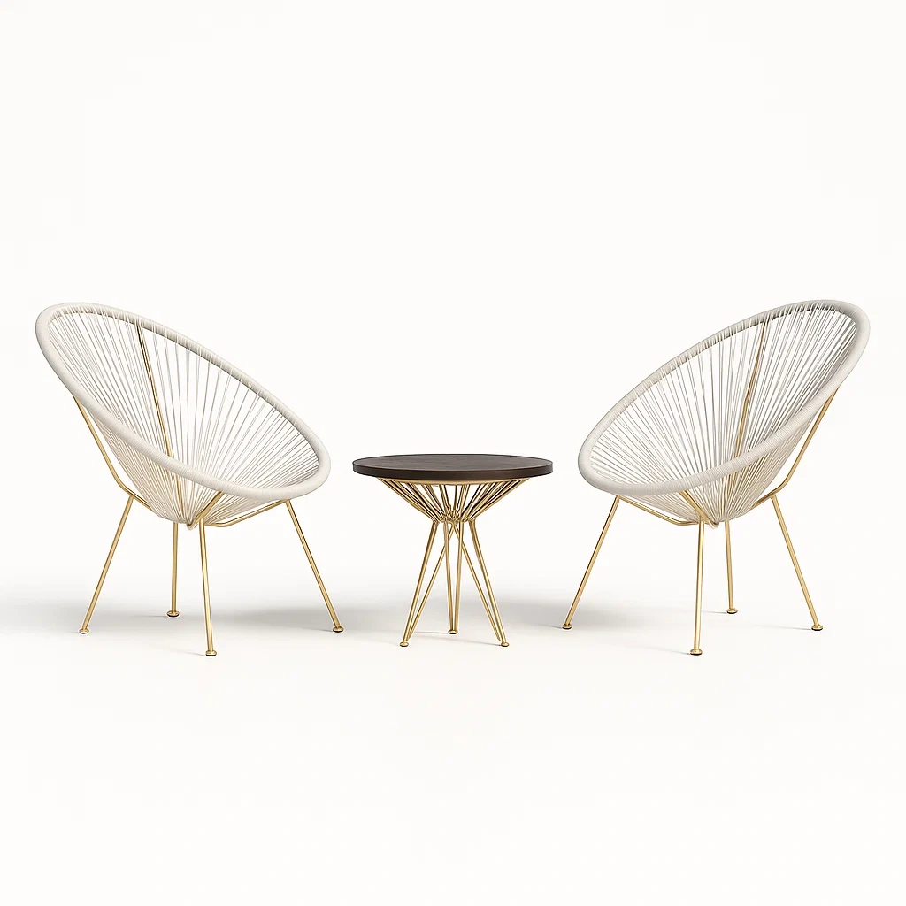 Ensemble bistrot avec deux fauteuils et table en métal blanc doré