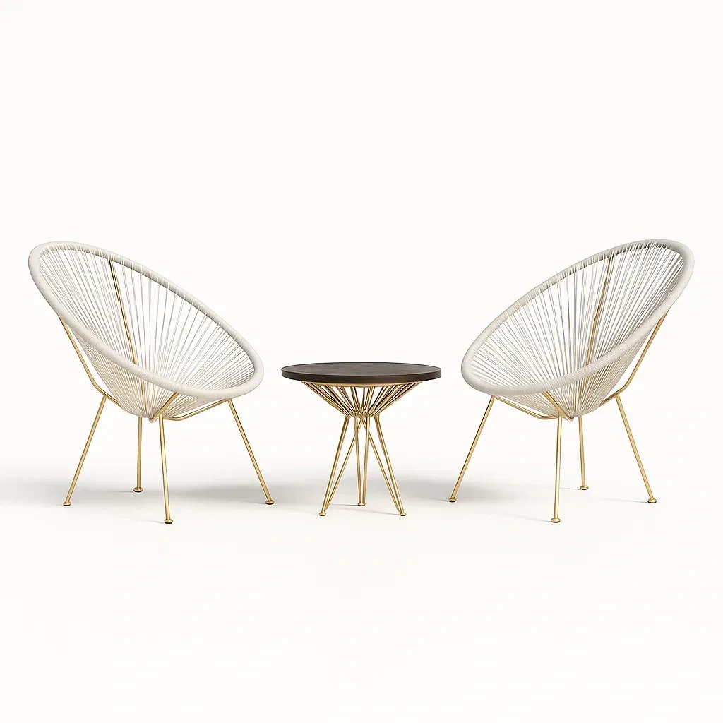 Ensemble bistrot avec deux fauteuils et table en métal blanc doré