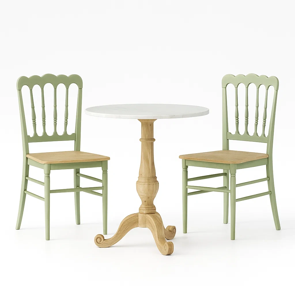 Ensemble bistrot avec table ronde en marbre et chaises en bois vert