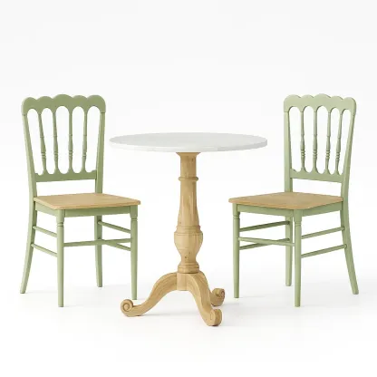 Ensemble bistrot avec table ronde en marbre et chaises en bois vert