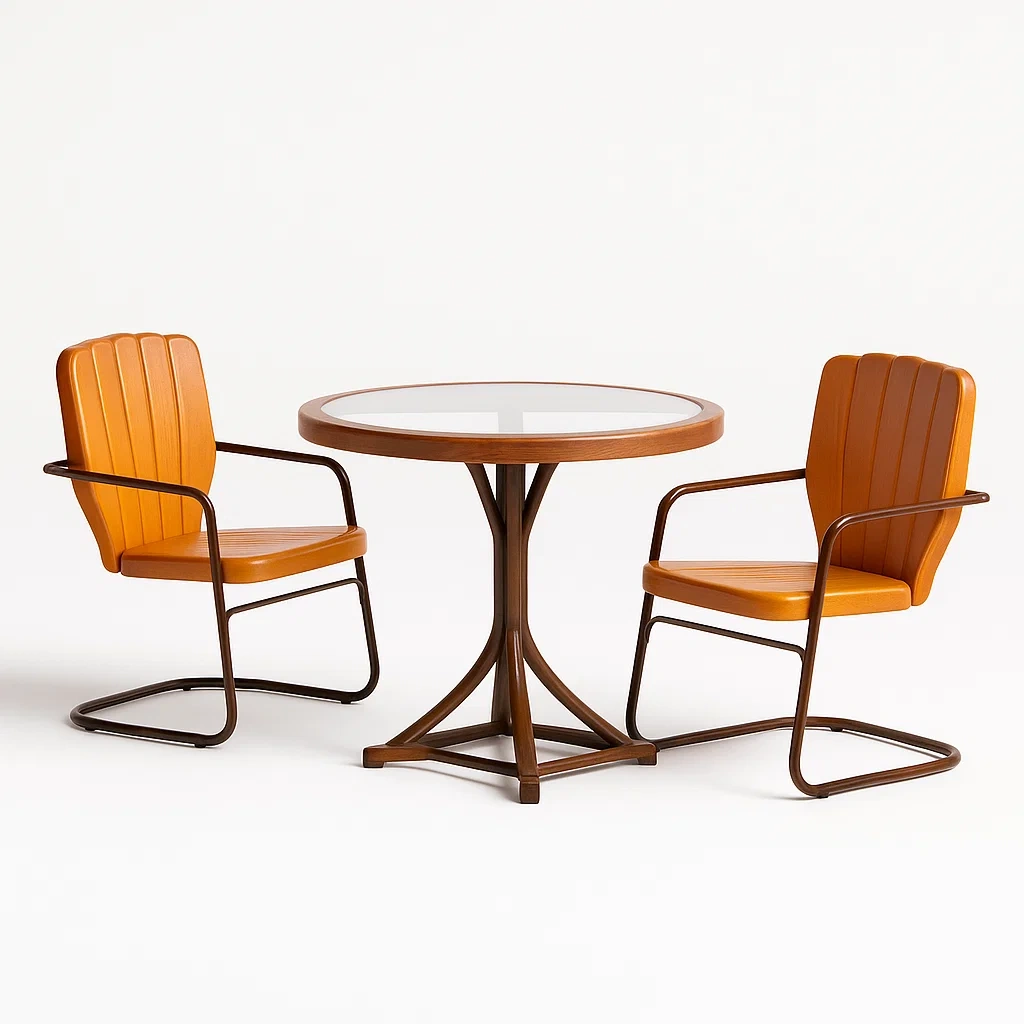 Ensemble bistrot avec table ronde en verre et chaises en métal orange