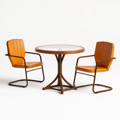 Ensemble bistrot avec table ronde en verre et chaises en métal orange