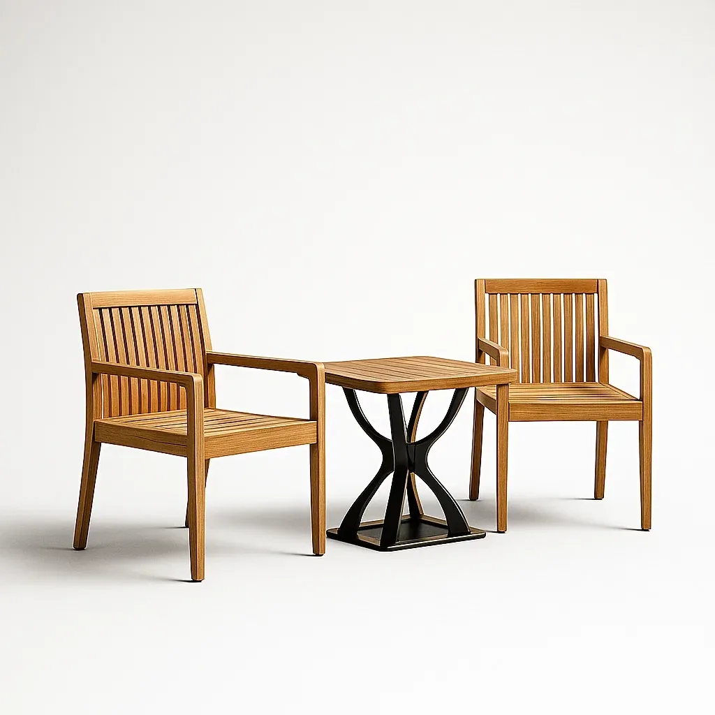 Ensemble bistrot en acacia massif avec deux chaises et table à structure en fer