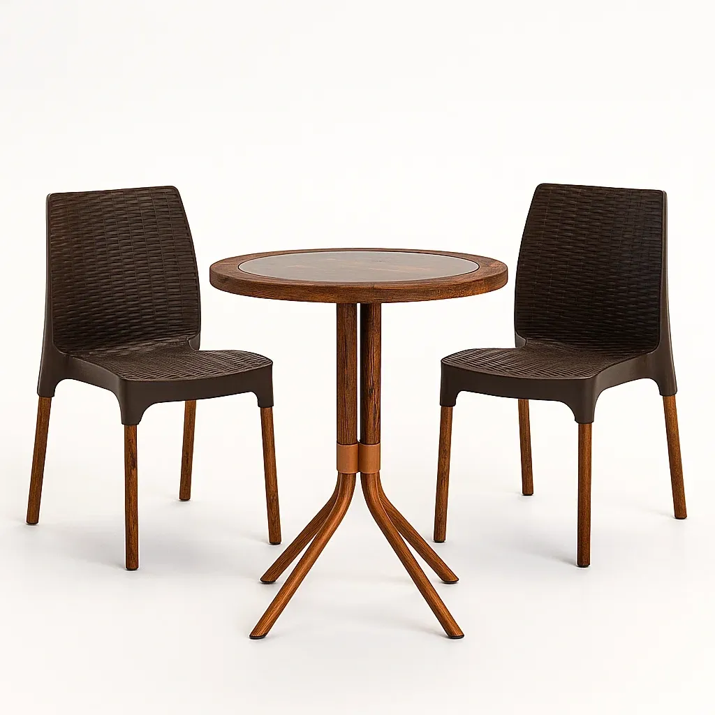 Ensemble bistrot en bois et résine tressée 2 places avec table ronde