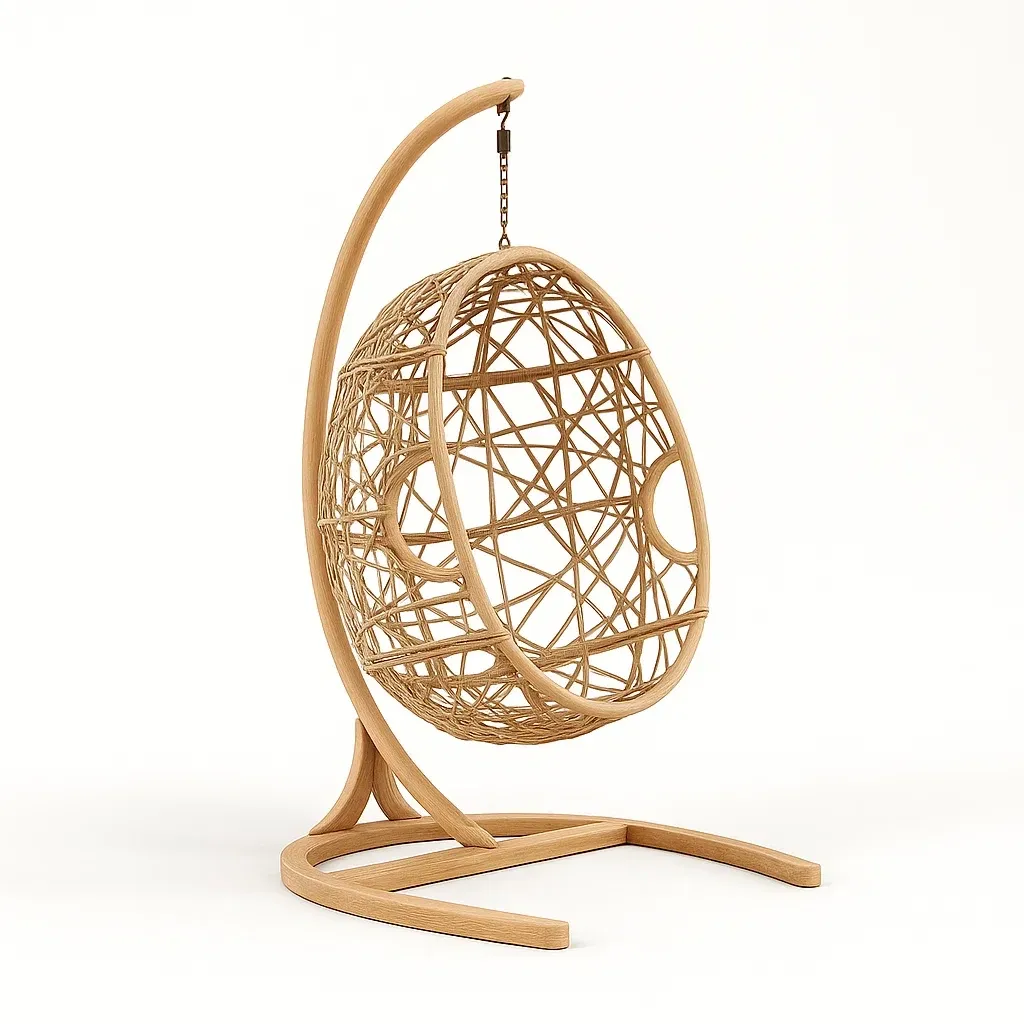 Fauteuil œuf suspendu en rotin avec support en bois