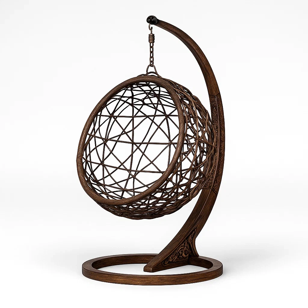 Fauteuil œuf suspendu en rotin avec support en bois brun