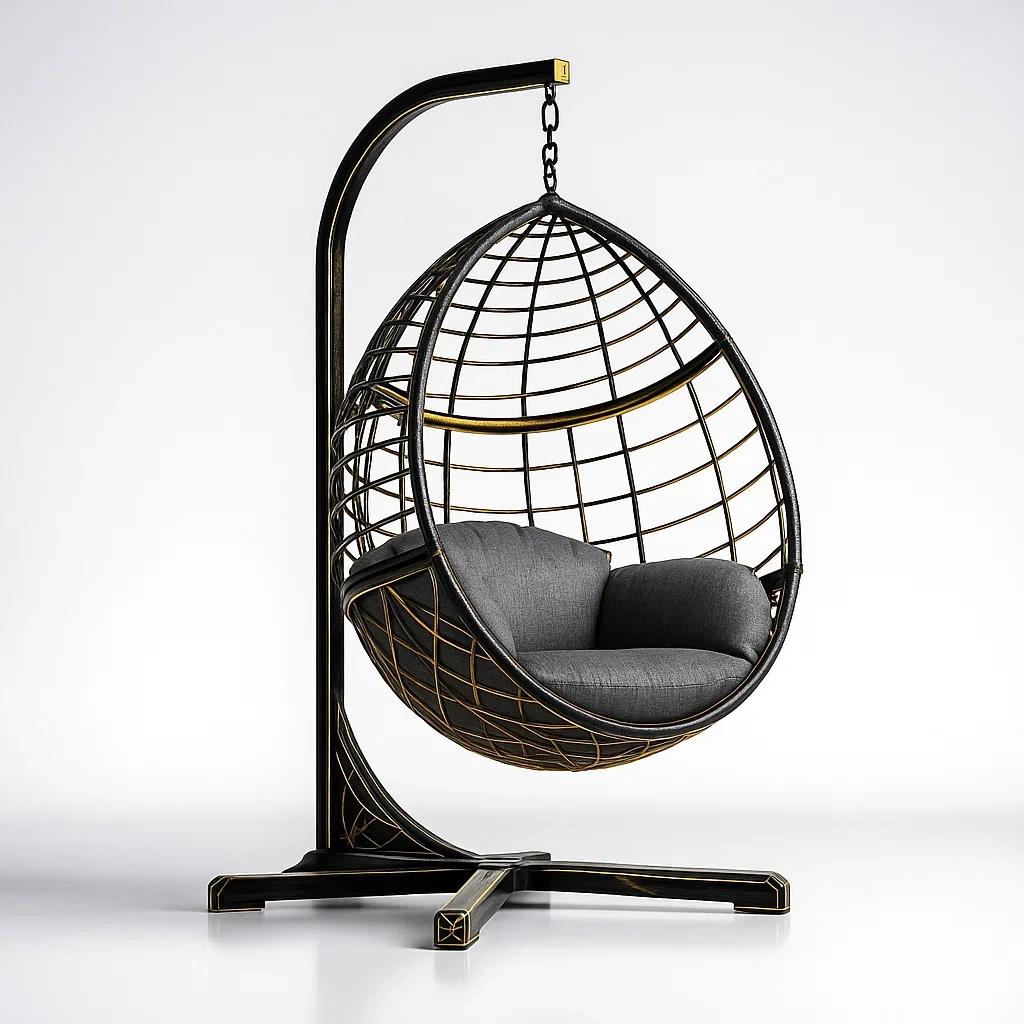 Fauteuil œuf suspendu en métal noir avec coussin gris