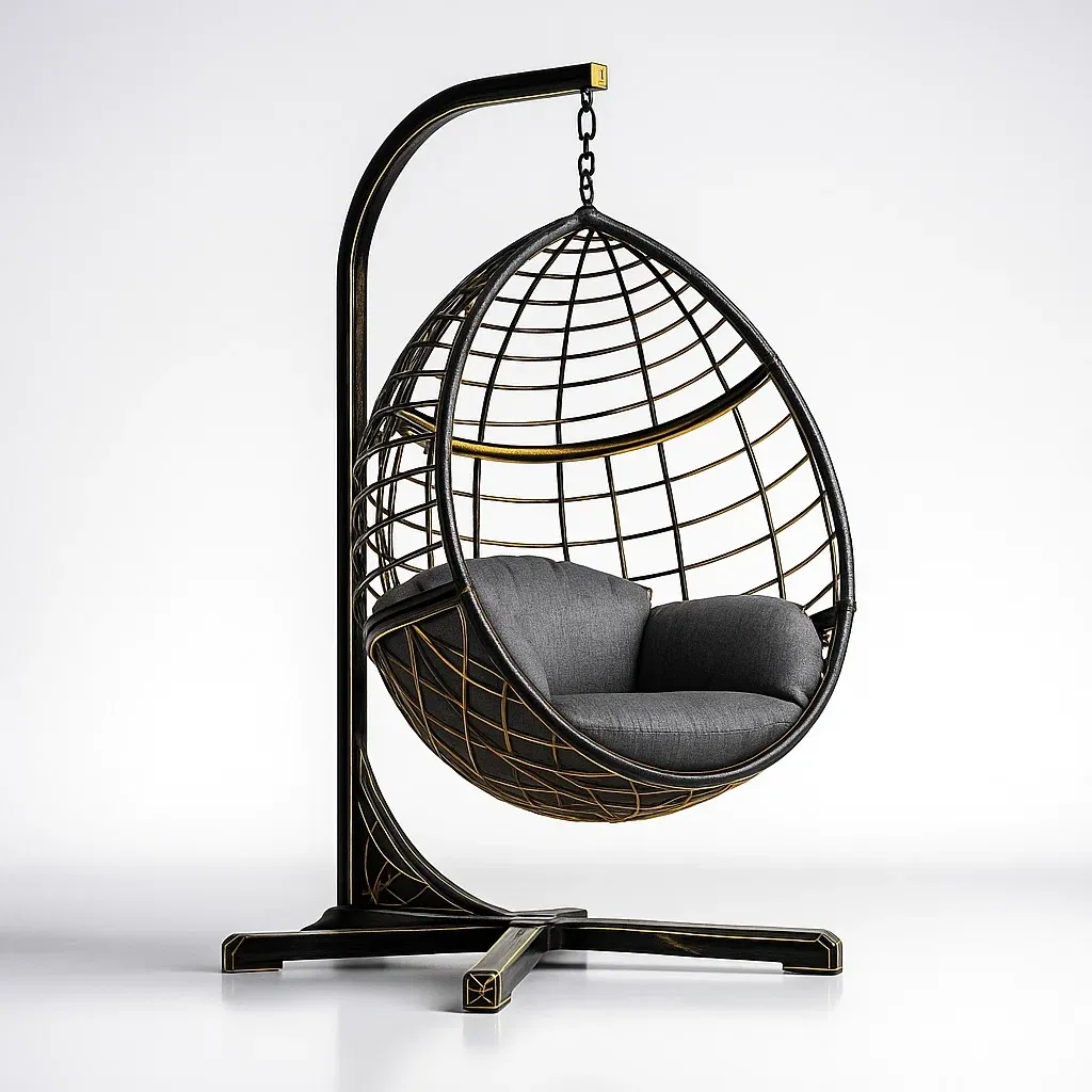 Fauteuil œuf suspendu en métal noir avec coussin gris