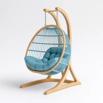 Fauteuil œuf suspendu en bois avec coussin bleu