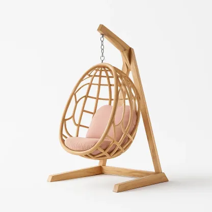 Fauteuil œuf suspendu en bois avec coussin rose
