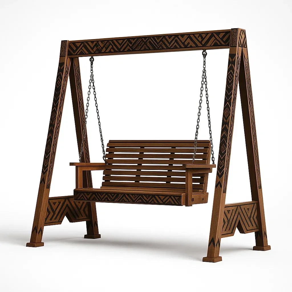 Balançoire en bois à motifs géométriques avec chaînes métalliques