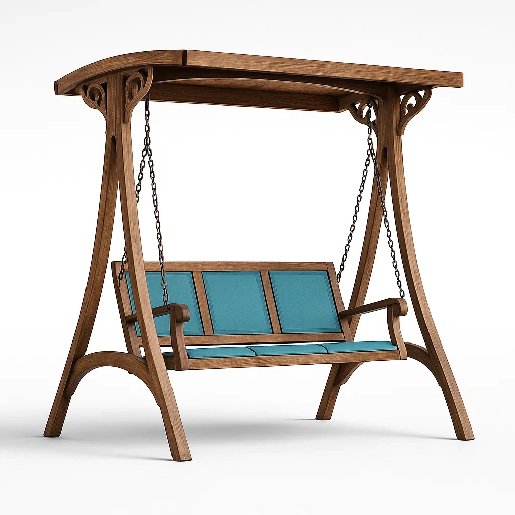 Balançoire de jardin en bois avec coussins bleus