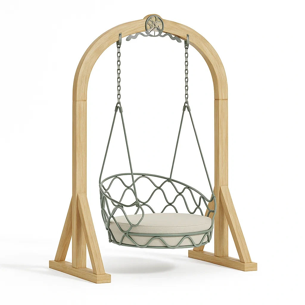 Balançoire suspendue en bois et métal avec coussin rond gris