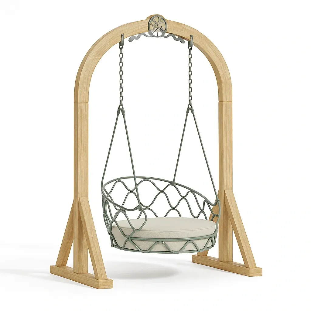Balançoire suspendue en bois et métal avec coussin rond gris