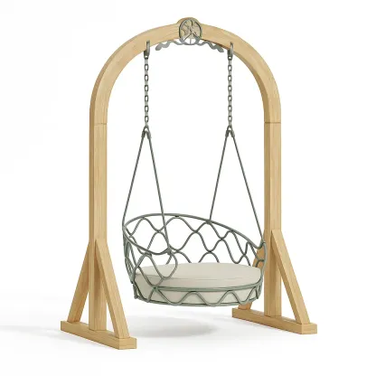 Balançoire suspendue en bois et métal avec coussin rond gris