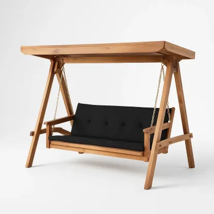 Balançoire d’extérieur en bois de pin avec coussin noir