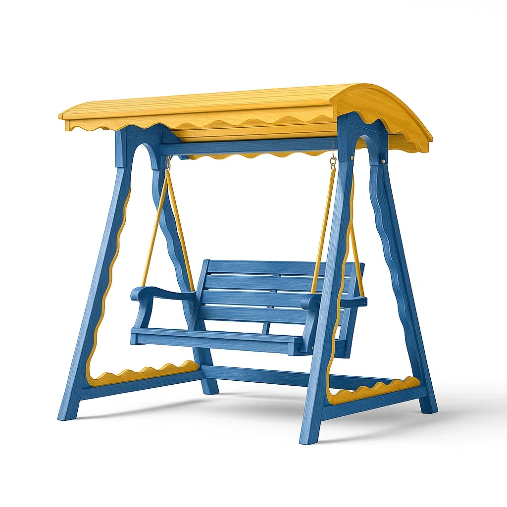 Balançoire extérieure en bois avec tissu bleu jaune