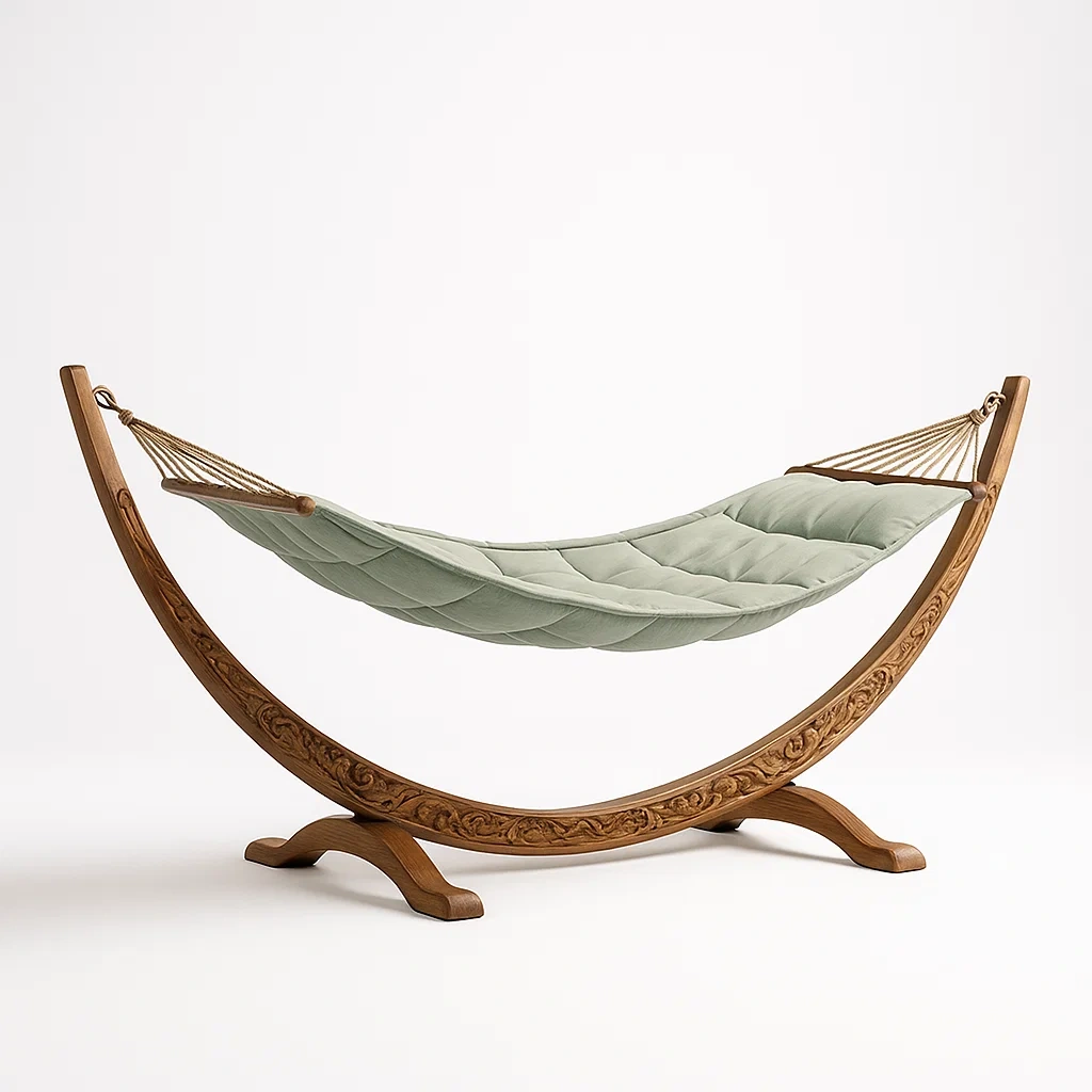 Hamac en bois sculpté avec tissu rembourré vert