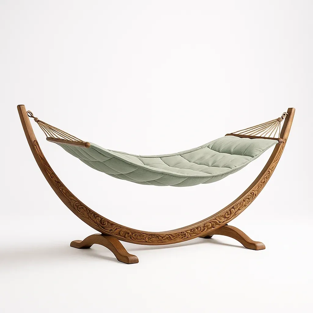 Hamac en bois sculpté avec tissu rembourré vert