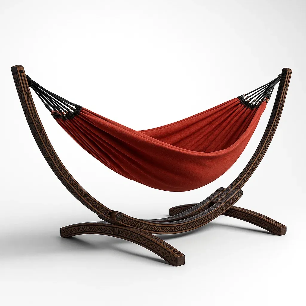 Hamac en coton rouge brun avec support en bois sculpté