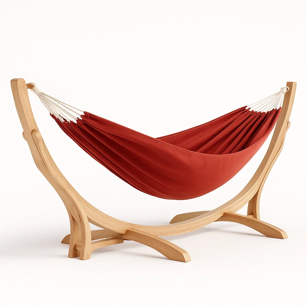 Hamac en toile rouge avec support en bois