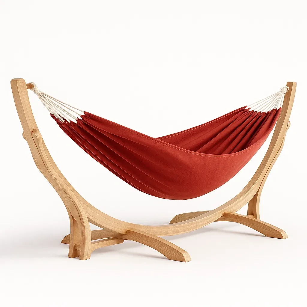 Hamac en toile rouge avec support en bois