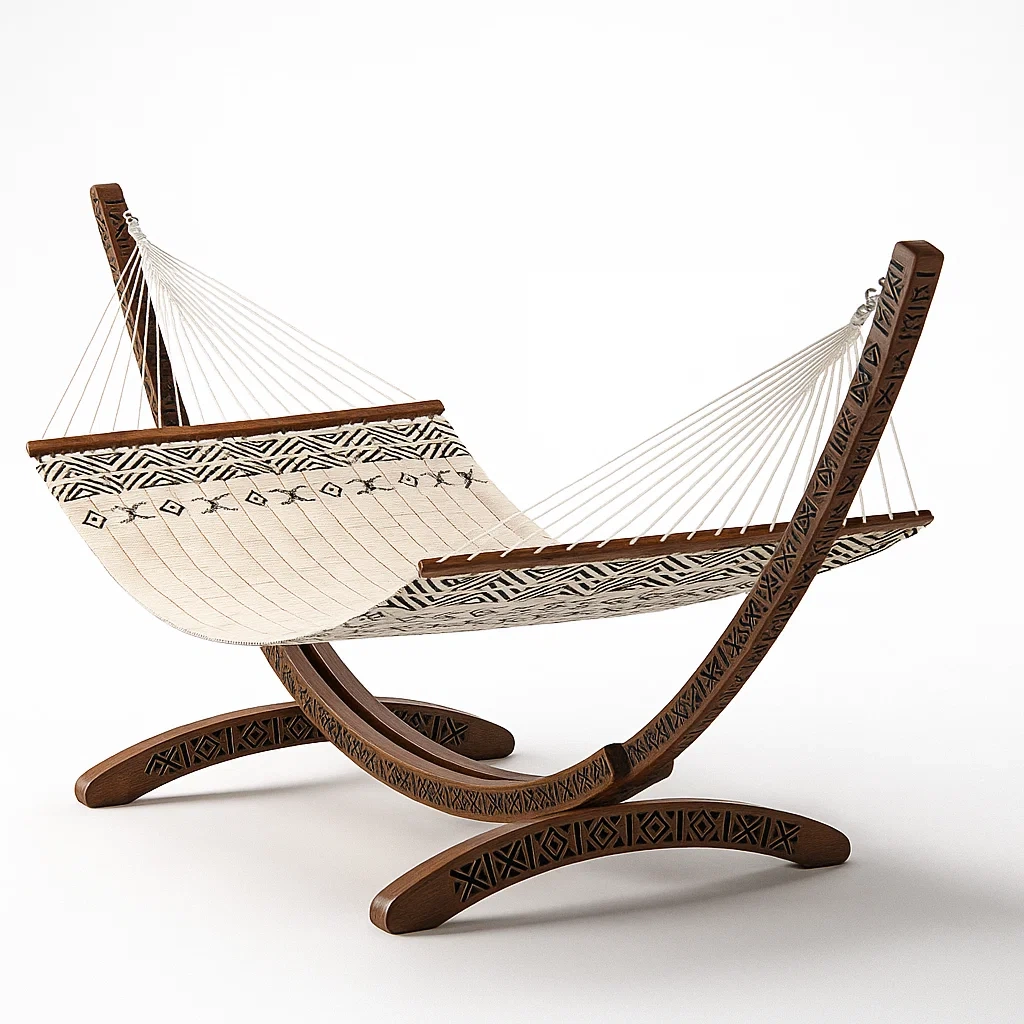 Hamac en coton avec motifs géométriques noir et blanc et support en bois massif