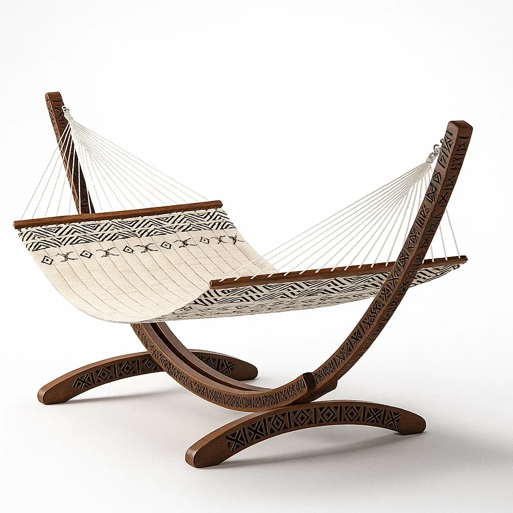 Hamac en coton avec motifs géométriques noir et blanc et support en bois massif