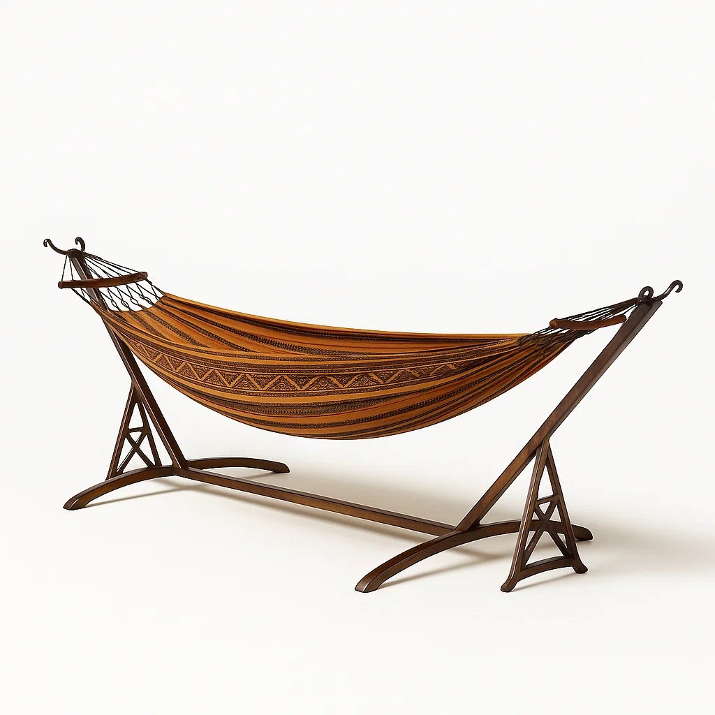 Hamac rayé en tissu avec support en bois marron