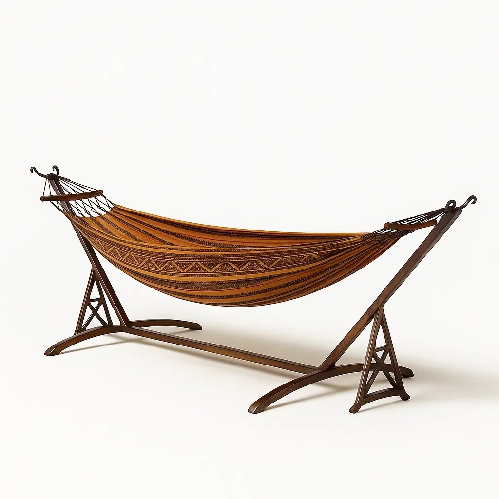 Hamac rayé en tissu avec support en bois marron