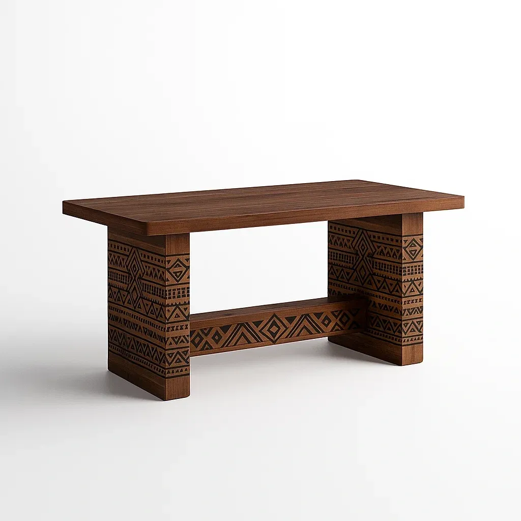 Table à manger rectangulaire en bois massif avec motifs géométriques