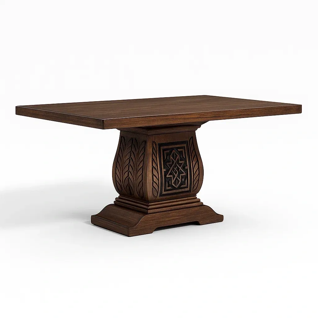 Table à manger rectangulaire en bois brun foncé avec détails sculptés